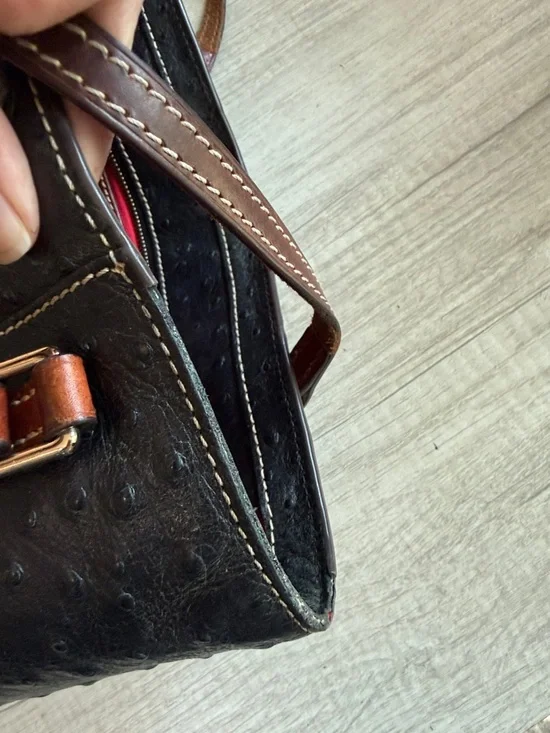 Dooney & Bourke Lexington Black Ostrich Style Leather Brown Trim Tote Bag - Picture 12 of 13